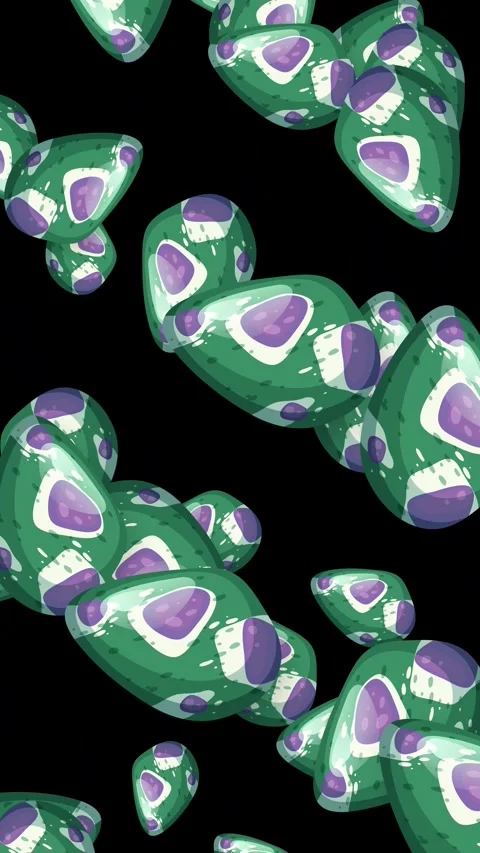 Stylized Green and Purple Patterned Objects Falling Against Black Background Stock Footage 343699162