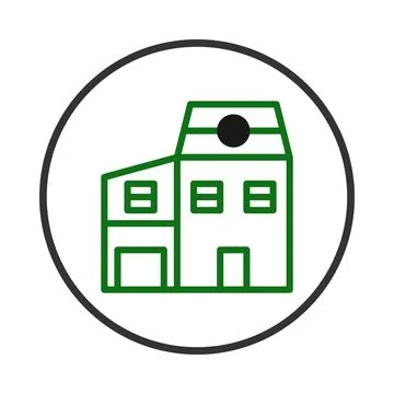 Stylized green building outline inside a circular frame presenting a minima.. Ilustración de archivo