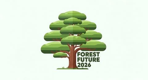 Stylized green tree logo with layered canopy, symbolizing forest future and.. Stock Illustration