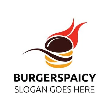 Of a stylized hamburger with red flames, text burgerspaicy, and a placehold. Illustrazione stock