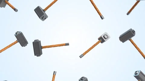 Stylized Hammers Falling on a Light Blue Background. 3D Hammer Animation. 4K Stock Footage 296242476