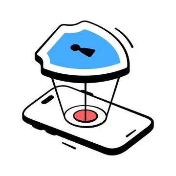 A stylized hand drawn icon of mobile phone with digital shield and keyhole Stock Illustration