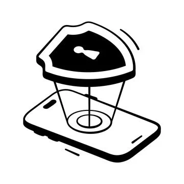 A stylized hand drawn icon of mobile phone with digital shield and keyhole Stock Illustration