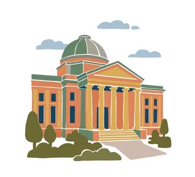 This stylized hand-drawn vector illustration depicts a classical building Stock-Illustration