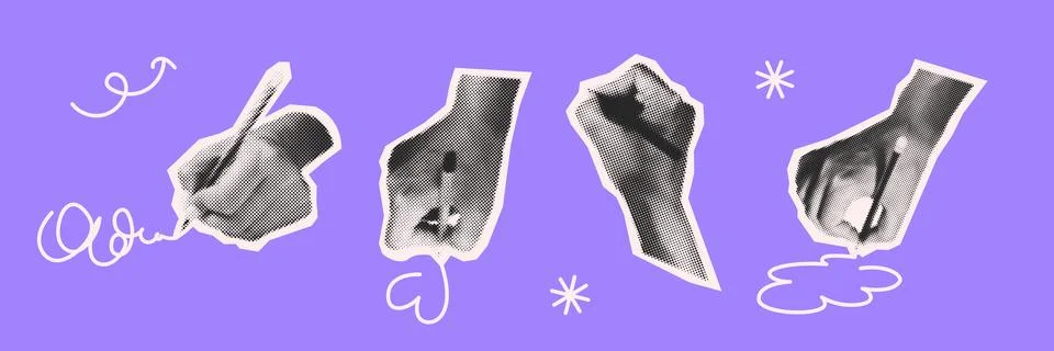 Stylized Hand Illustrations on Purple Background Stock Illustration