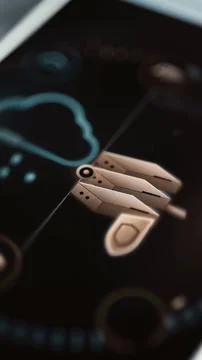 Stylized hand points toward a luminous cyan cloud surrounded by small controls 库存照片