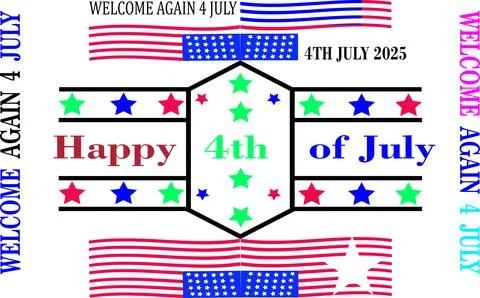 Stylized Happy 4th of July Vector with Welcome Text, Hexagonal Badge Stock Illustration