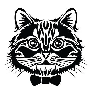 Stylized head of a cat in black with a bow tie, logo, isolated object on a wh Stock Illustration