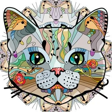 Stylized head of cat on mandala. Hand Drawn lace vector illustration Stock Illustration