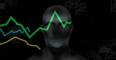 Stylized head hovering in virtual data interface, with dot matrix overlay and 스톡 일러스트