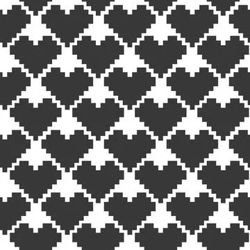 Stylized Heart shape pixel Monochrome Seamless pattern. Valentines or Black Day Stock Illustration