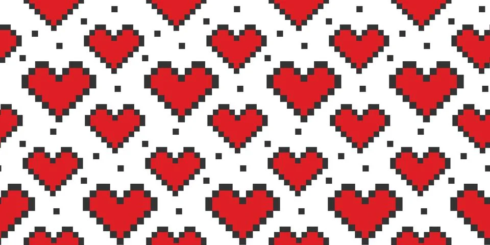 Stylized Heart shape pixel Seamless pattern in trendy red and black St Valentine Stock Illustration