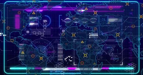 Stylized holographic world map display pulsing on digital HUD, with hexagonal 스톡 일러스트