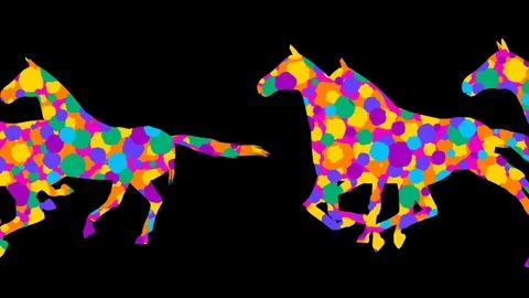 Stylized horses. 7 different animations. Alpha channel. Alpha matte. 4K. Video stock 79599566