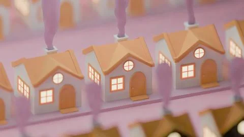 Stylized house pattern with smoke and reflections on pink surface.... 写真素材