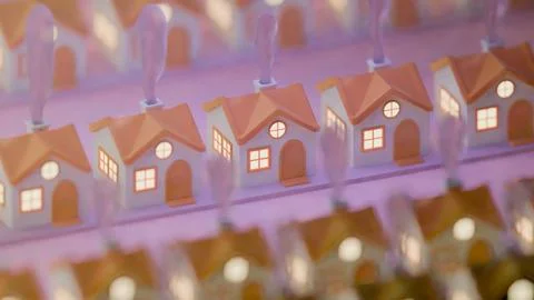 Stylized house pattern with smoke and reflections on pink surface.... 写真素材