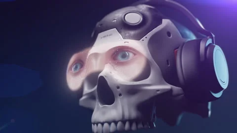 Stylized human skull with holographic effect of randomly appearing images Stock Footage 237749676