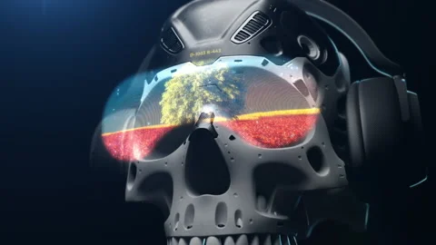 Stylized human skull with holographic effect of randomly appearing images Stock Footage 237749679