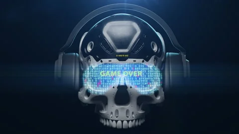 Stylized human skull with holographic title "Game over" video game concept Stock-Footage 234980374