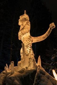 Stylized ice figure with devil tail motif at memorial installation Stock Photos