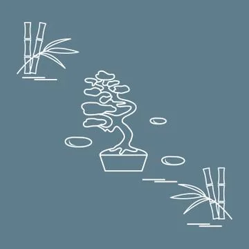 Stylized icon of bonsai tree and bamboo. Stock Illustration