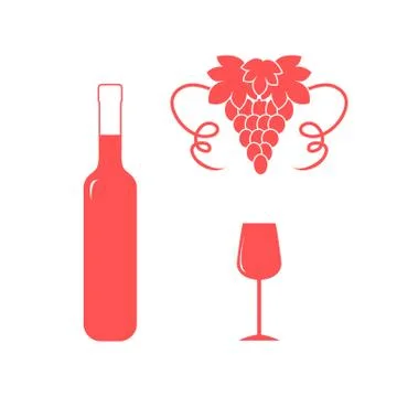 Stylized icon of a colored bottle of wine, wine glass and grapes Stock Illustration