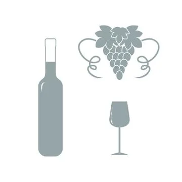 Stylized icon of a colored bottle of wine, wine glass and grapes Stock Illustration