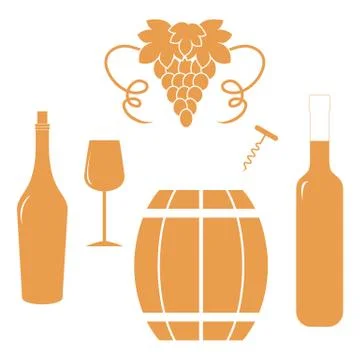 Stylized icon of a colored bottles, glass, corkscrew, barrel of wine and bunc Stock Illustration