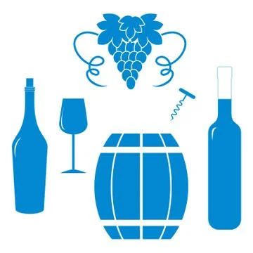 Stylized icon of a colored bottles, glass, corkscrew, barrel of wine and bunc Stock Illustration