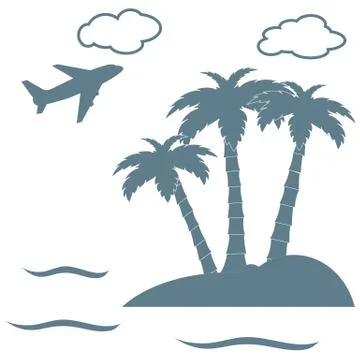 Stylized icon palm trees on an island in the ocean and a flying plane Stock Illustration