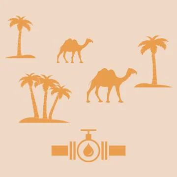 Stylized icon of the pipe with a valve and fuel drops with palm trees and cam Stock Illustration