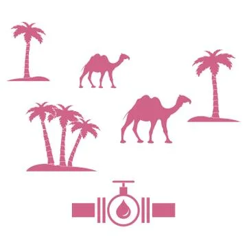 Stylized icon of the pipe with a valve and fuel drops with palm trees and cam Stock-Illustration