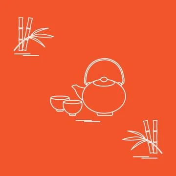 Stylized icon of the teapot with two cups and bamboo. Tea ceremony. Stock Illustration