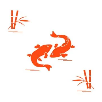 Stylized icon of two carp koi  and bamboo. Travel and leisure. Stock Illustration