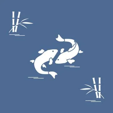 Stylized icon of two carp koi  and bamboo. Travel and leisure. Stock Illustration