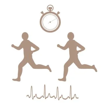 Stylized icon of the two runners with a stopwatch and heart rhythm Stock Illustration