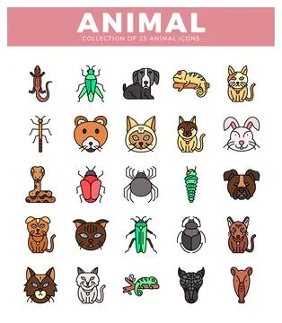 Stylized icons of diverse animals in a grid layout against a white background 库存插图