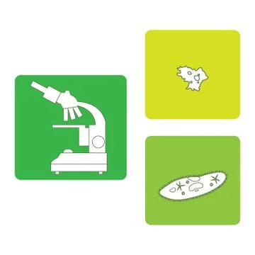 Stylized icons of microscope, amoeba, ciliate-slipper. Laboratory equipment s Stockillustratie