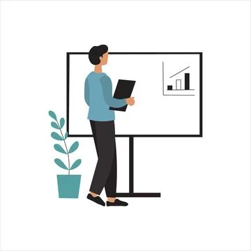 A stylized illustration of a man giving a presentation, standing in front o.. Stock Illustration
