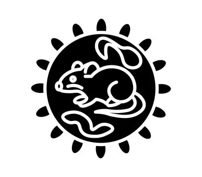 Stylized Illustration of a Mouse with Decorative Elements and Sun Motif Stock Illustration