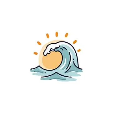 Stylized illustration of an ocean wave with the sun behind a captivating vi.. Stock Illustration