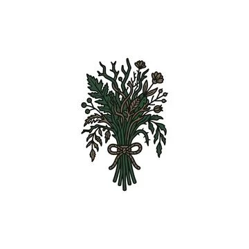 A stylized illustration of a rustic bouquet featuring green foliage, brown br Ilustración de archivo