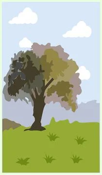 Stylized illustration of a single tree standing on green grass under a blue sky Stock Illustration