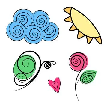 Stylized image of cloud, sun, butterfly, flowering rose and decorative heart 스톡 일러스트