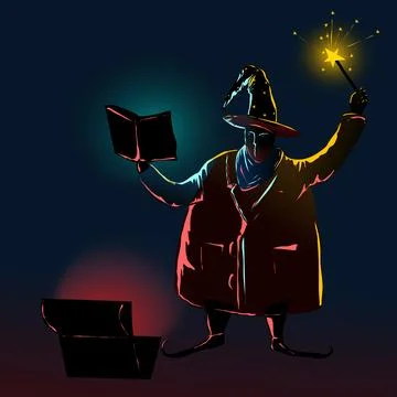 Stylized image of a fat black wizard conjuring with a magic stick while opening Stock Illustration