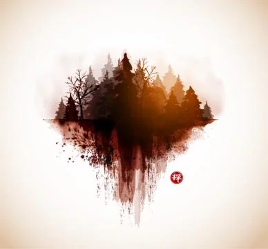 Stylized image of forest hand drawn with ink. Traditional oriental ink painti Illustrazione stock