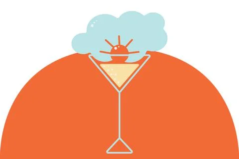 Stylized image of a glass with an abstract cloud and sun on an orange circle Stock Illustration
