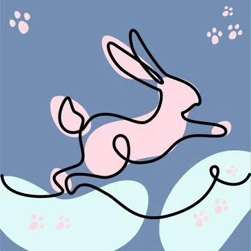 A stylized image of a jumping rabbit with one solid line with color spots in Stock Illustration
