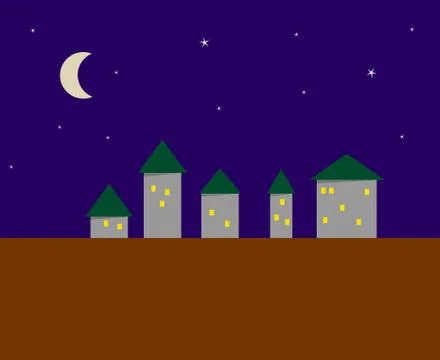 Stylized image of night city - five houses Stock Illustration
