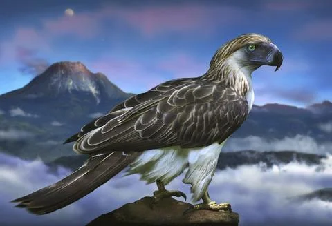 Stylized image of a Philippine eagle against a dramatic mountain backdrop. Stock-Illustration